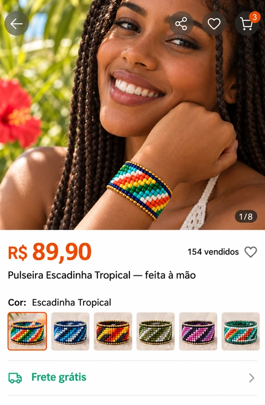Anúncio com modelo usando a pulseira Escadinha Tropical por R$ 89,90