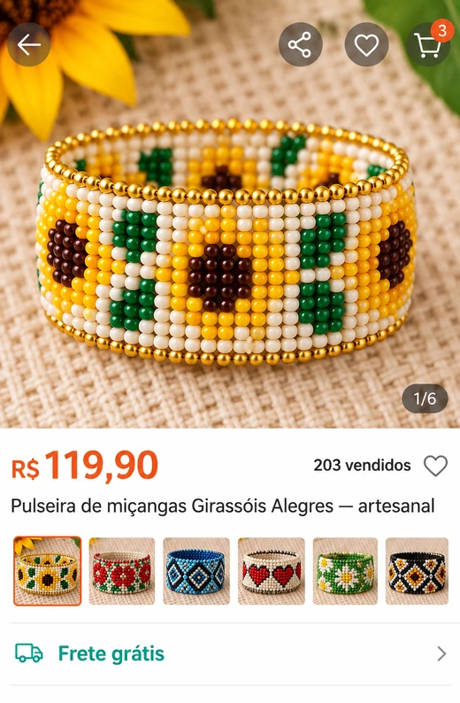 Anúncio da pulseira Girassóis Alegres por R$ 119,90 com 203 unidades vendidas