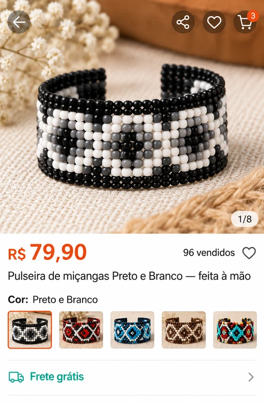 Anúncio da pulseira Preto e Branco por R$ 79,90 com 96 unidades vendidas