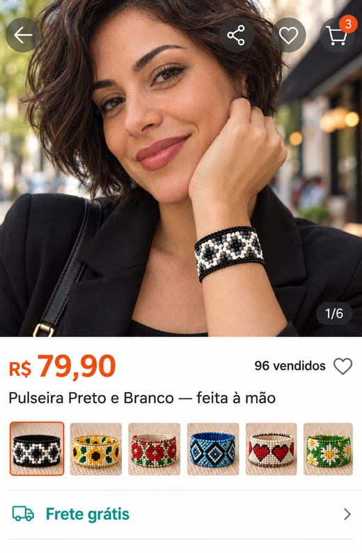 Anúncio com modelo usando a pulseira Preto e Branco por R$ 79,90